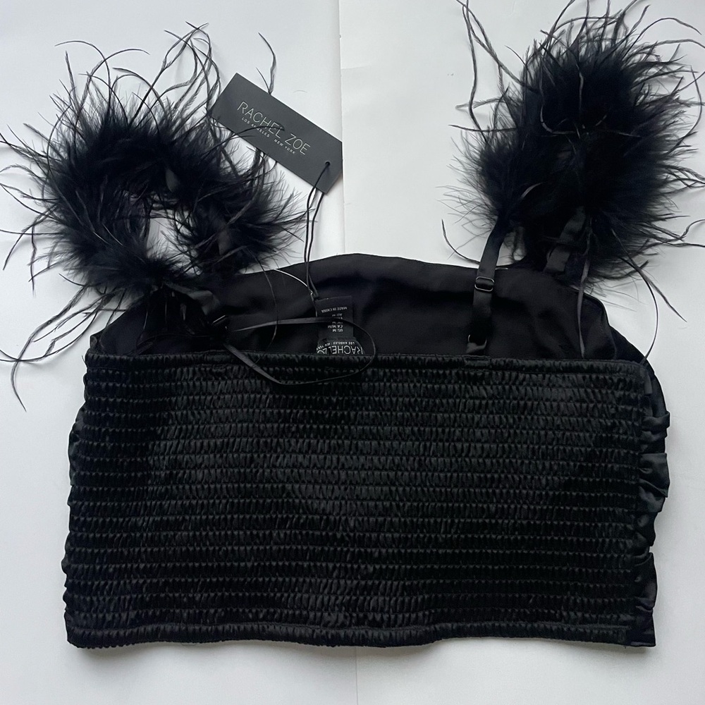 RACHEL ZOE Feather Strap Ruched Crop Top Black Medium NWT Y2K Glam Party - Picture 3 of 8